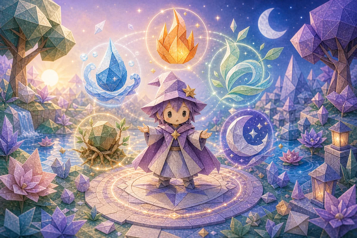 折り紙風の五つの魔法属性が集まるカバー画像